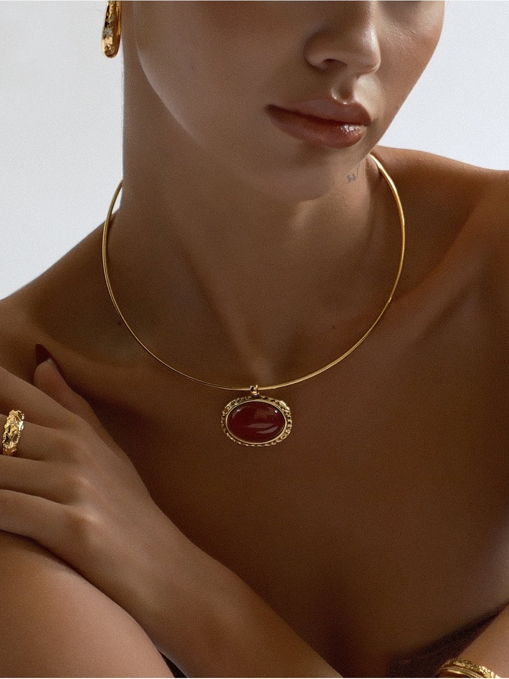Gold Choker Necklace with Red Oval Pendant - Women Jewelry